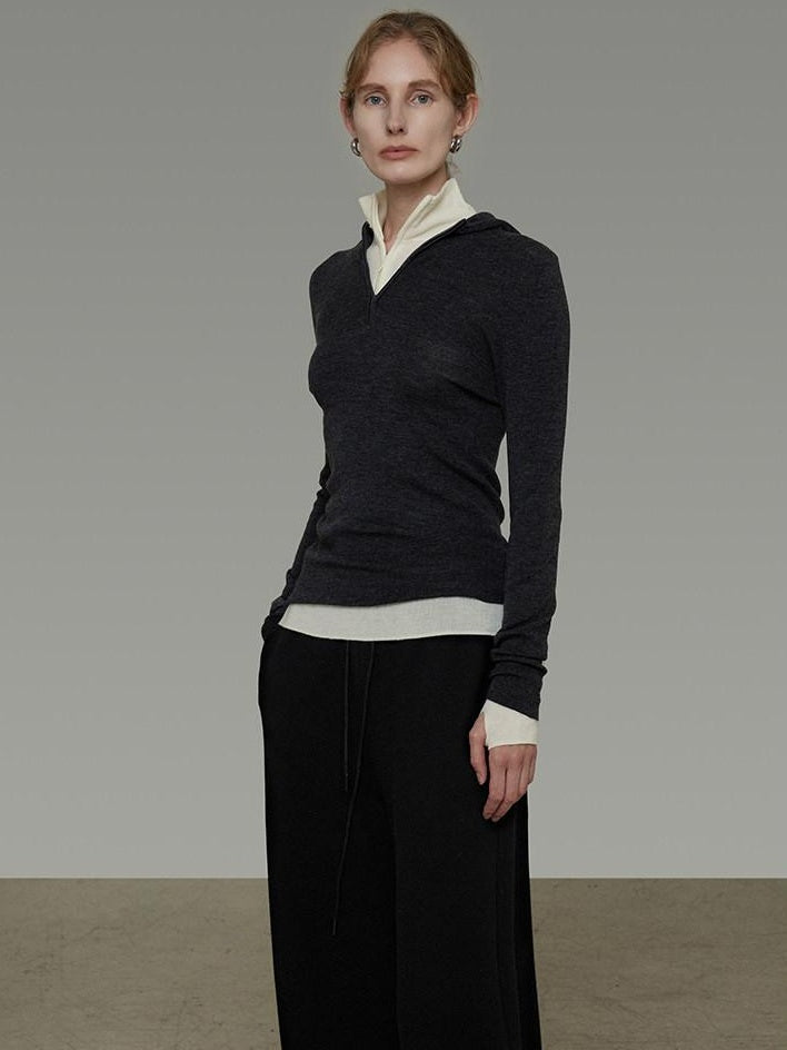 unspoken Pure Wool Soft V-neck Hooded Slim Fit Commuter Women Knit Sweaters