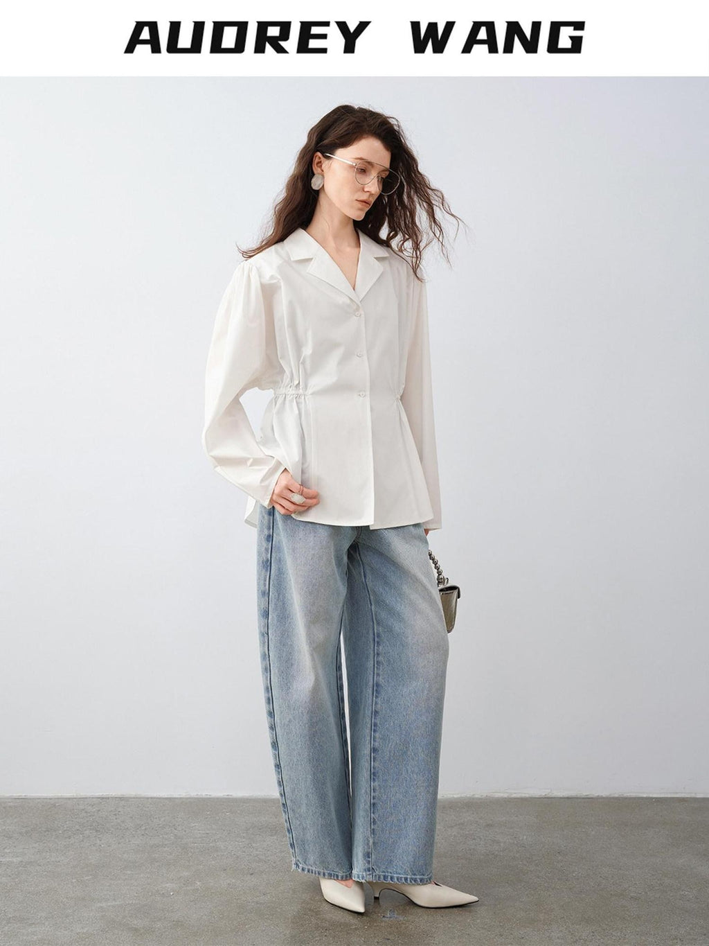 audreyyang Durable Viscose Slim Waist Casual Lapel Button Long Sleeve Blouses