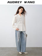 audreyyang Durable Viscose Slim Waist Casual Lapel Button Long Sleeve Blouses