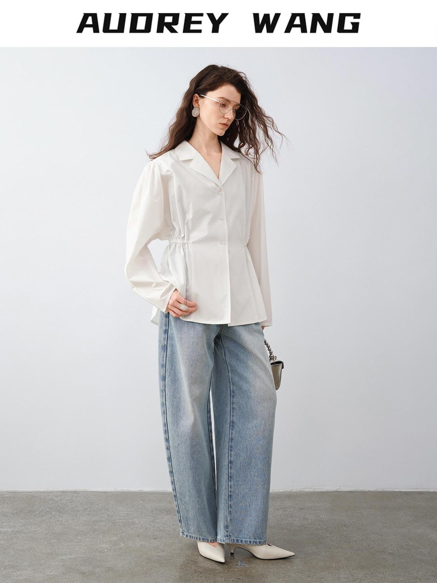 audreyyang Durable Viscose Slim Waist Casual Lapel Button Long Sleeve Blouses