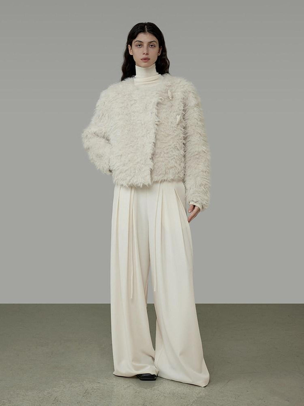 unspoken Warm Thick Minimalist Loose Fit Round Neck Ivory Workwear Cropped Jackets