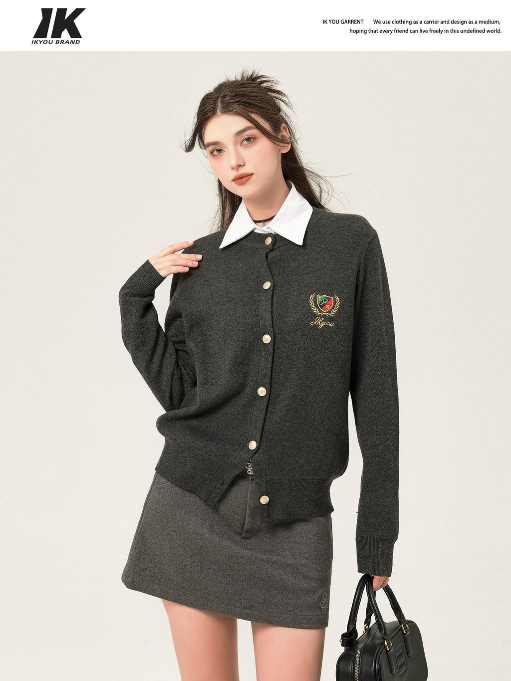 ikyou Embroidered V-neck Minimal Office Knit Button Front Long Sleeve Cardigans