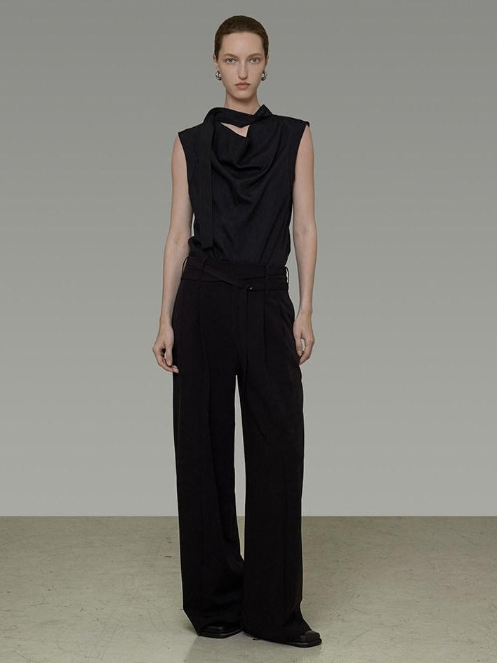 unspoken Breathable Viscose Tie Neck Sleeveless Loose Commuter Chic Women Black Blouses