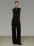 unspoken Breathable Viscose Tie Neck Sleeveless Loose Commuter Chic Women Black Blouses