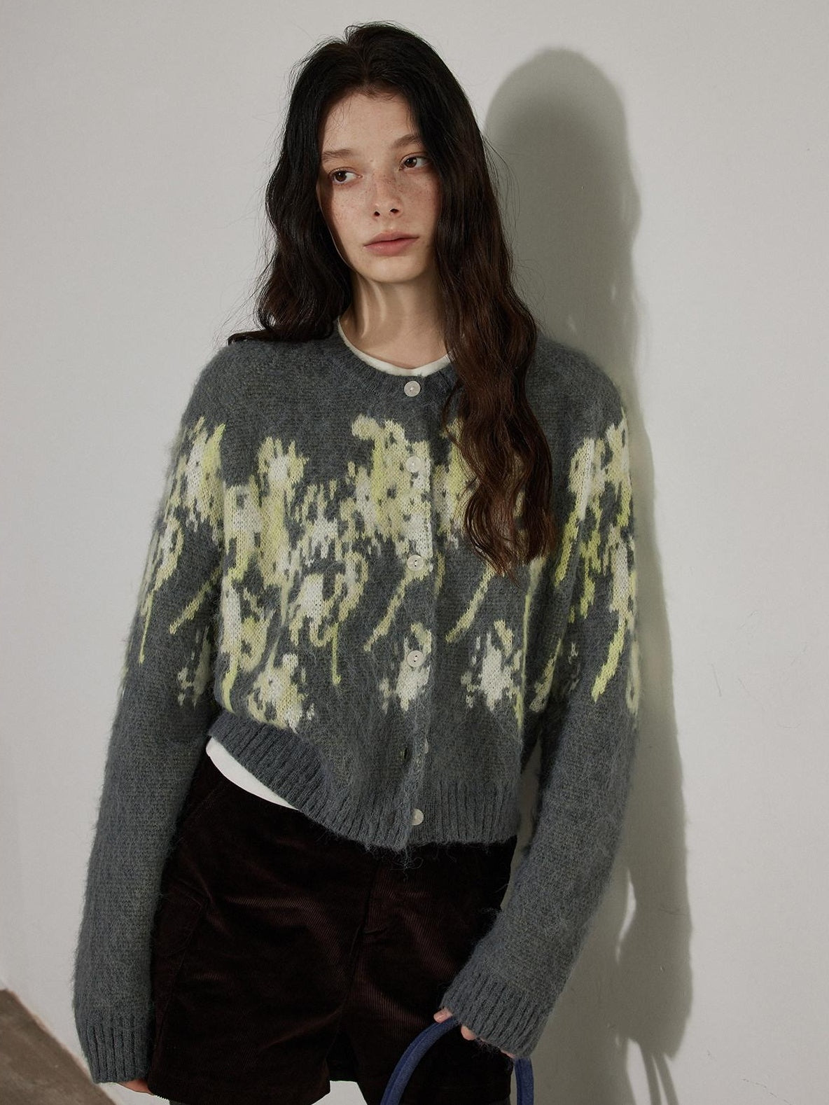 Lofi choose Wool Blend Vintage Colorblock Cropped Crewneck Buttoned Women Knit Cardigans