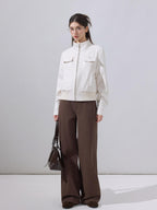 ikyou Stretch Pu Cropped Stand Collar Zipper Casual Women Cream Leather Jackets