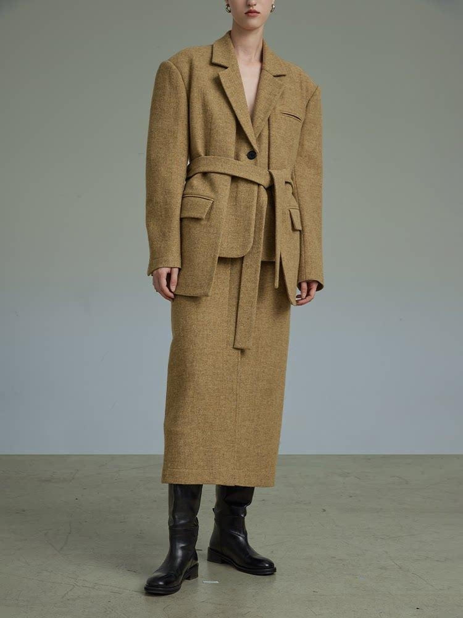unspoken Wool Single Button Notched Lapel Loose Fit Rice Yellow Young Women Blazers
