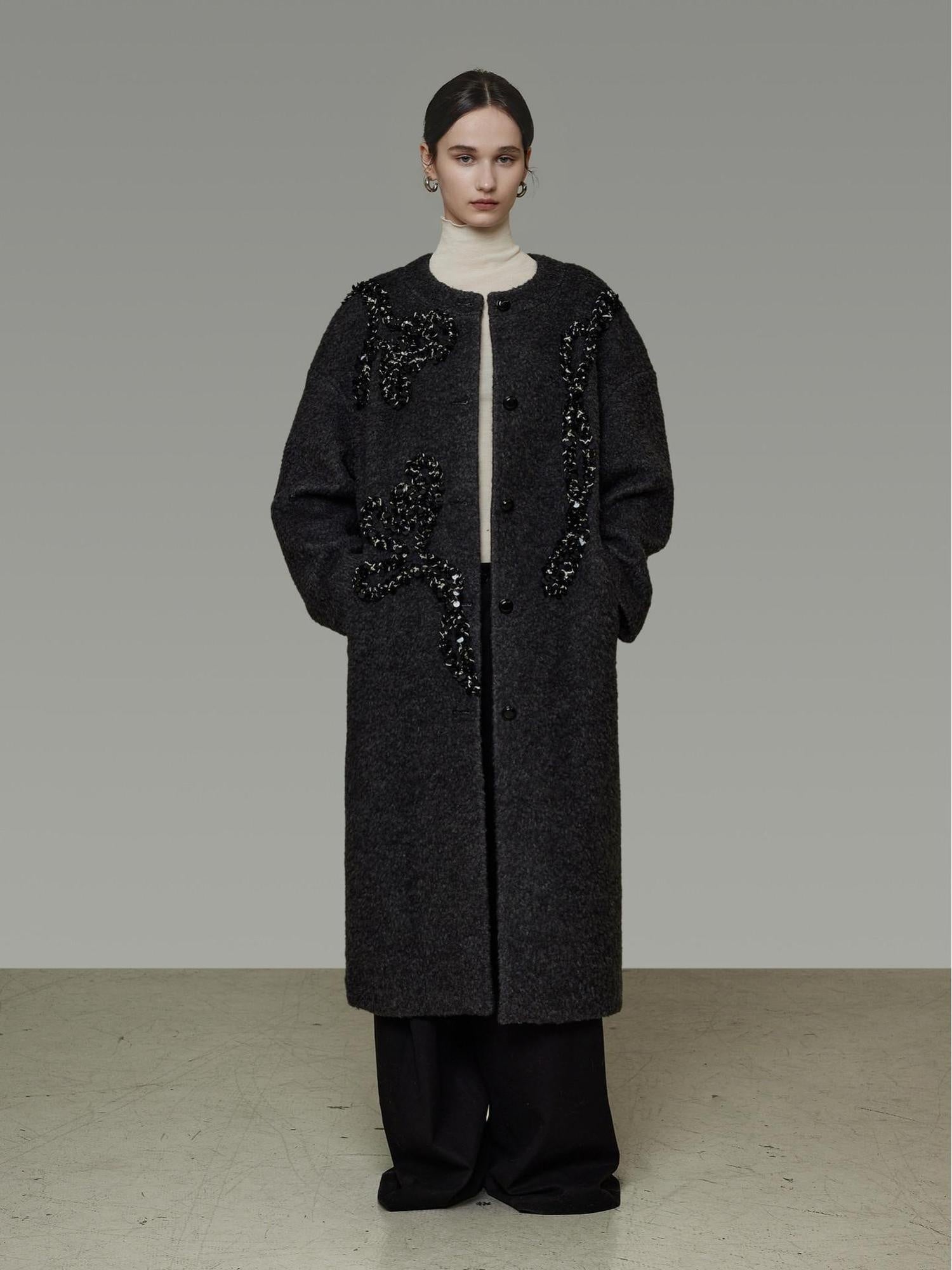 unspoken Warm 3D Embellished Loose Minimalist Commuter Long Women Deep Gray Wool Coats