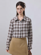 ikyou Embroidered Plaid Crop Slim Fit Collared Long Sleeve Casual Women Brown Shirts