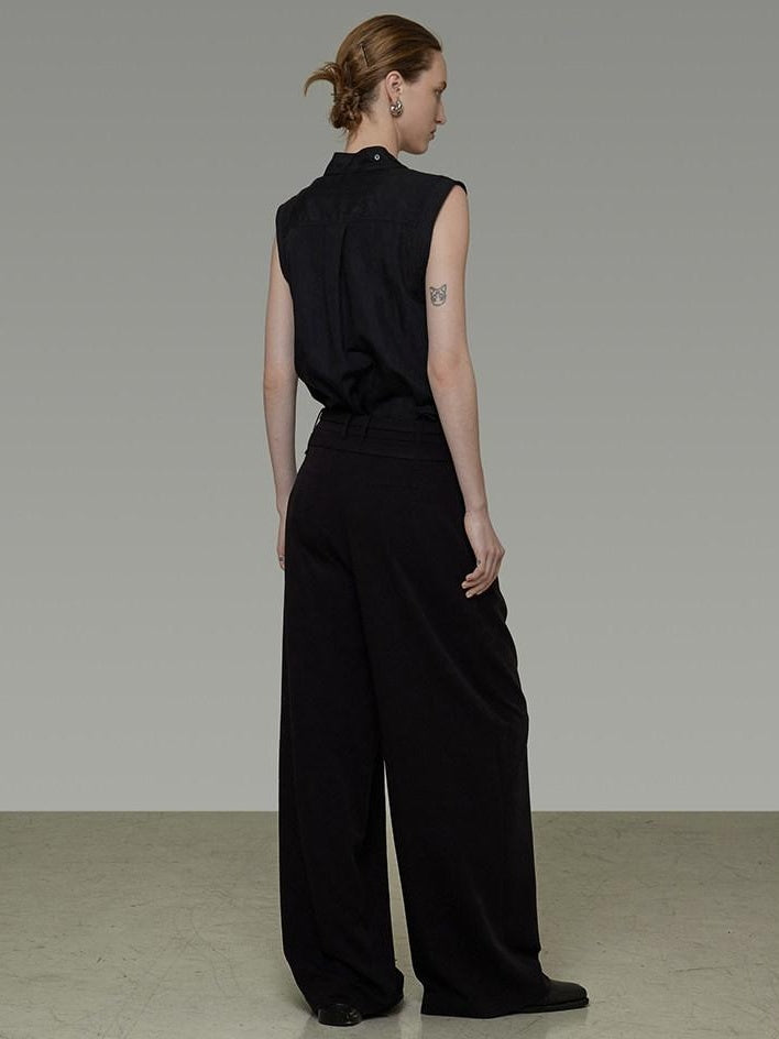 unspoken Breathable Viscose Tie Neck Sleeveless Loose Commuter Chic Women Black Blouses
