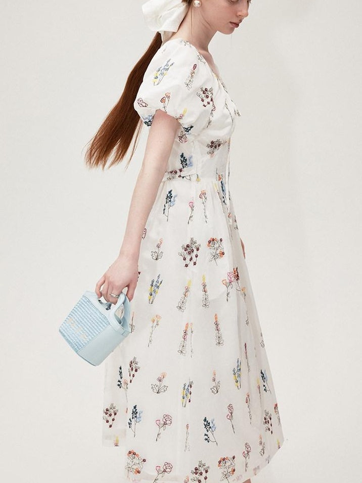 fano Lyocell Embroidered High Waist Puff Sleeve Aline Square Neck Party Maxi Dresses