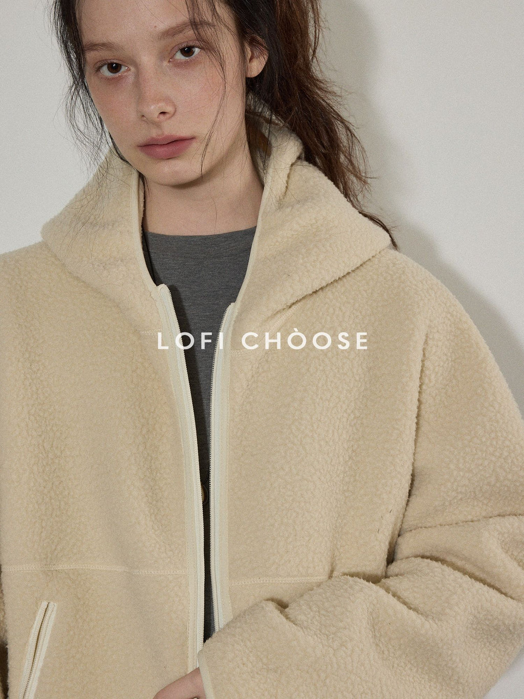 Lofi choose Thick Zippered Hooded Oversized Commuter For Women Apricot Plush Fleece Hoodie
