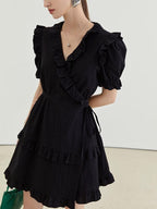 fano High Waist Tie A Line Cotton V-neck Puff Sleeves Casual Work Women Midi Dresses