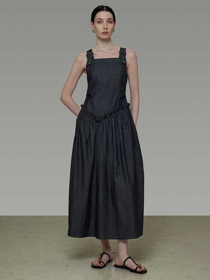 unspoken Minimalist Pleated Cinched Waist Cotton A Line Strap Dress Women Maxi Dresses