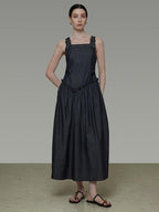 unspoken Minimalist Pleated Cinched Waist Cotton A Line Strap Dress Women Maxi Dresses