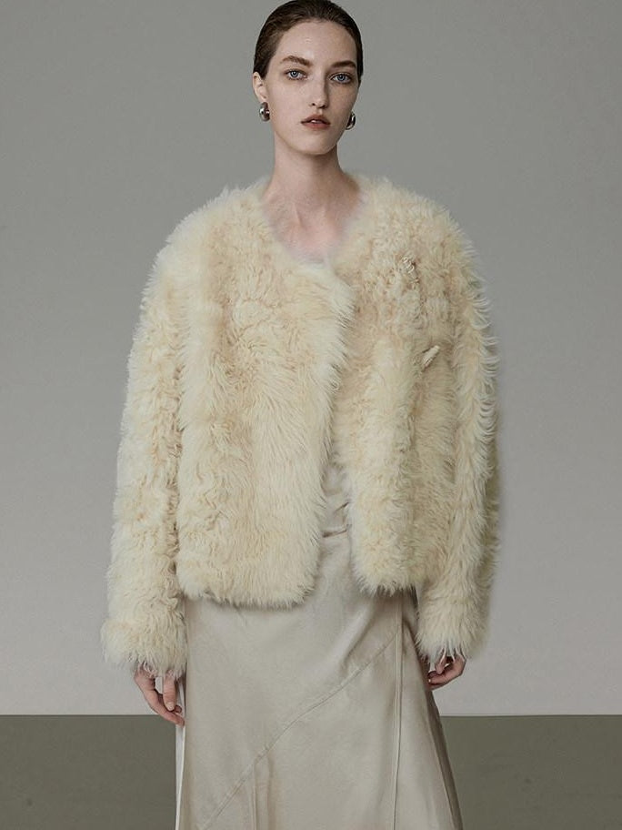 unspoken Minimal Off White Button Front Crew Neck Straight Fit Office Short Coat