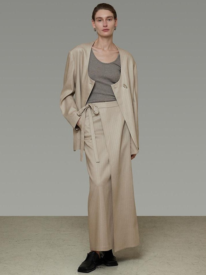 unspoken Breathable Tencel Loose Collarless No Button Minimalist Beige Women Blazers