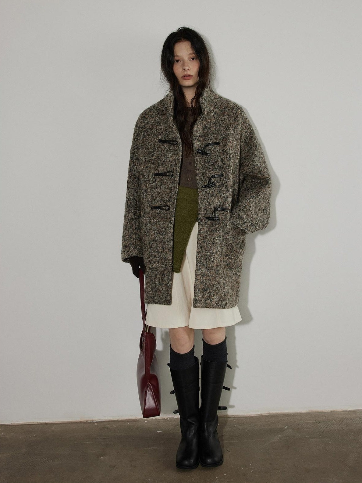 Lofi choose Heavy Wool Blend Relaxed Fit Stand Collar Midlength Commuter Toggle Wool Coats
