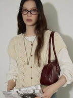 Lofi choose Versatile Openwork Short Round Neck Office Knit Women Ivory Acrylic Cardigans
