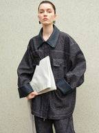 audreyyang Original Design Loose Patchwork Topstitch Cotton Blend Women Denim Jackets