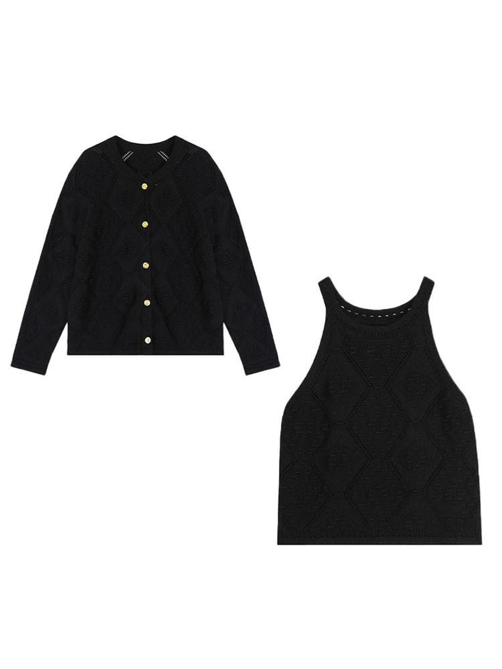 unspoken Soft Fine Knit Two Piece Minimalist Women Black Layered Knitwear Cardigans