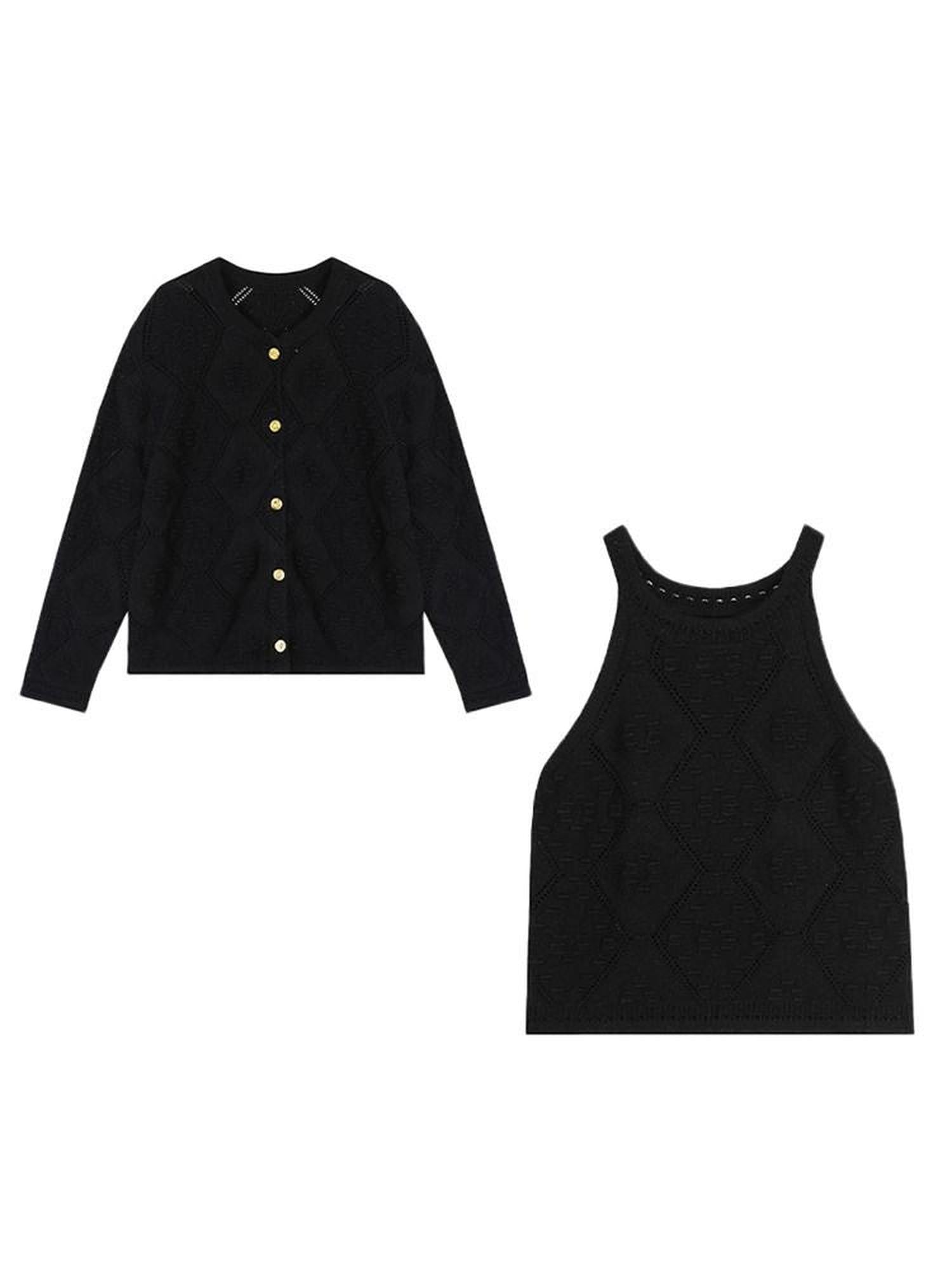 unspoken Soft Fine Knit Two Piece Minimalist Women Black Layered Knitwear Cardigans