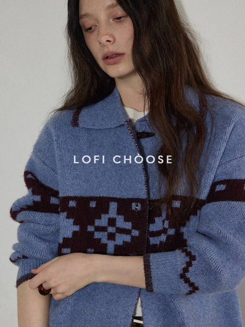 Lofi choose Acrylic Wool Relaxed Fit Commuter Cardigan Women Geometric Blue Sweaters