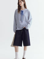 fano Space Cotton Blue White Fine Stripe Office Women Long Sleeve T-Shirts