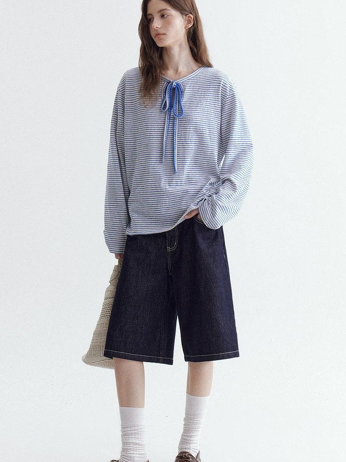 fano Space Cotton Blue White Fine Stripe Office Women Long Sleeve T-Shirts