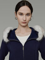 unspoken Warm Slim Fit Zip Hooded Cardigan High Waist Commuter Polyester Navy Lounge Sets