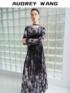 audreyyang Elegant Sash Fitted Knit Long Sleeve Grey Ombre Maxi Dresses