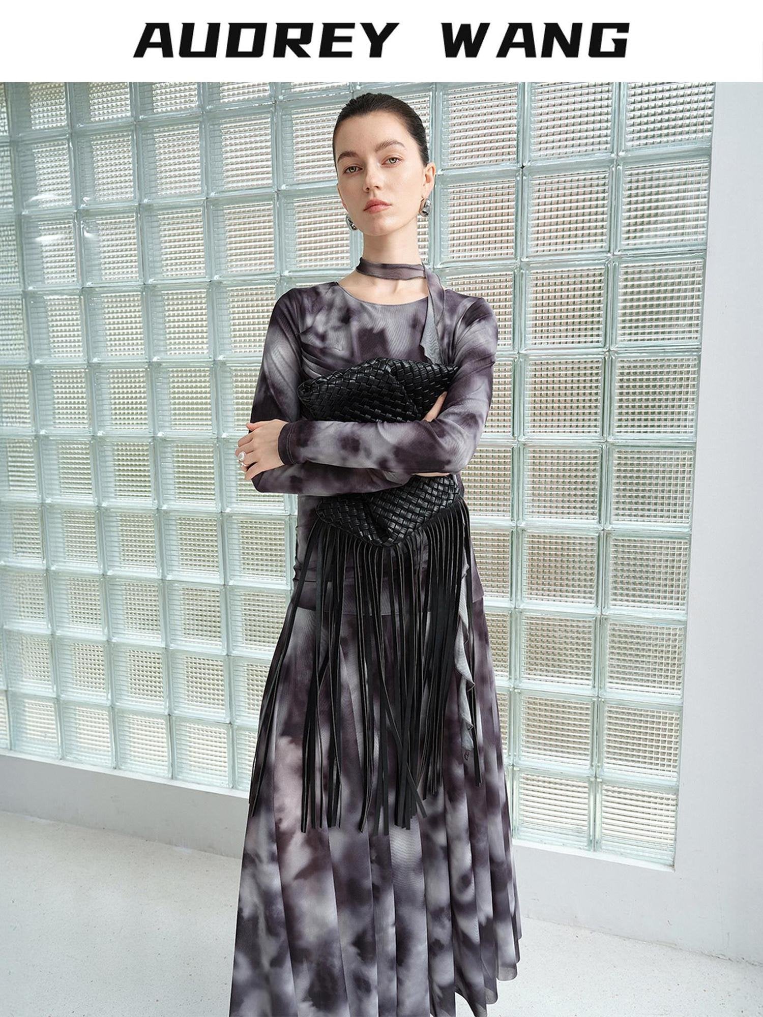 audreyyang Elegant Sash Fitted Knit Long Sleeve Grey Ombre Maxi Dresses