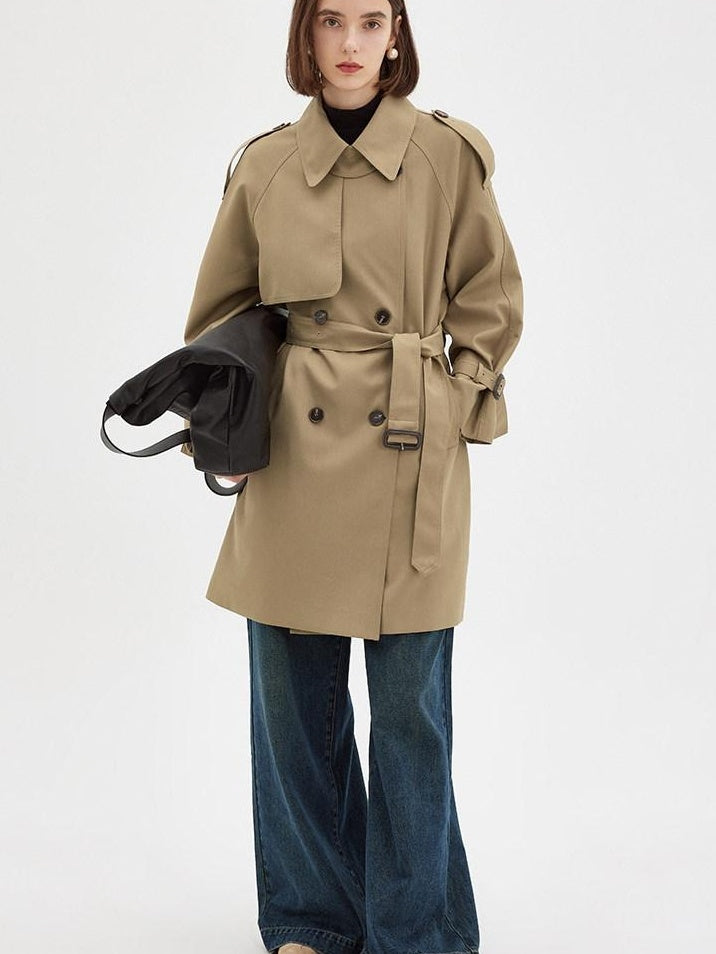 fano Pocketed Relaxed Raglan Midlength Double Breasted Khaki Womens Trench Coats