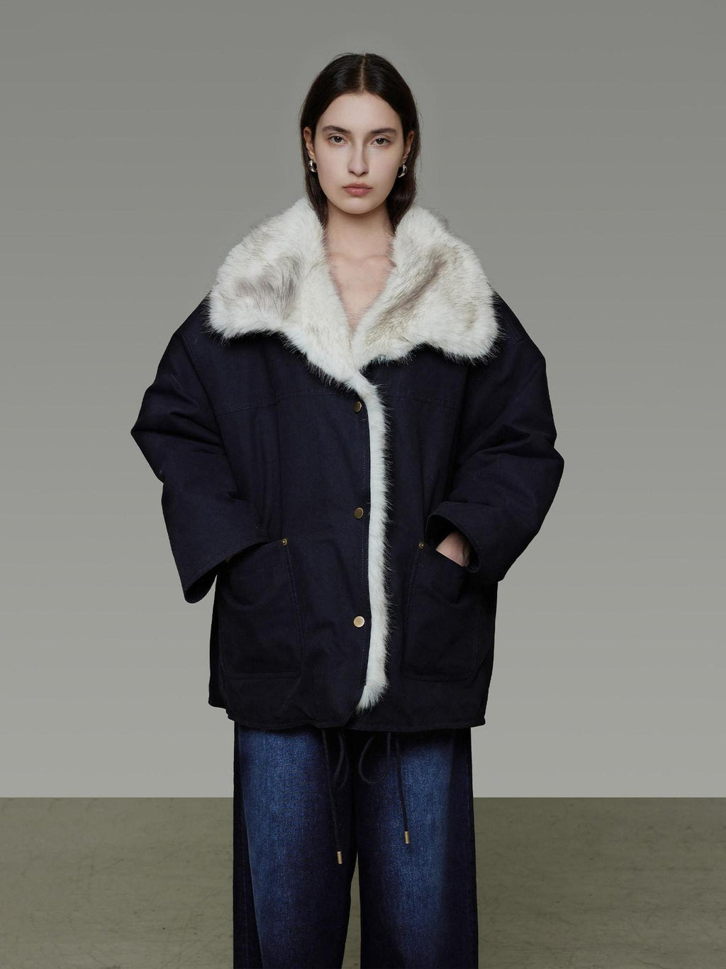 unspoken Fur Lined Thick Minimal Commuter Loose 3D Tailored Cotton Navy Puffer Jackets