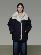 unspoken Fur Lined Thick Minimal Commuter Loose 3D Tailored Cotton Navy Puffer Jackets