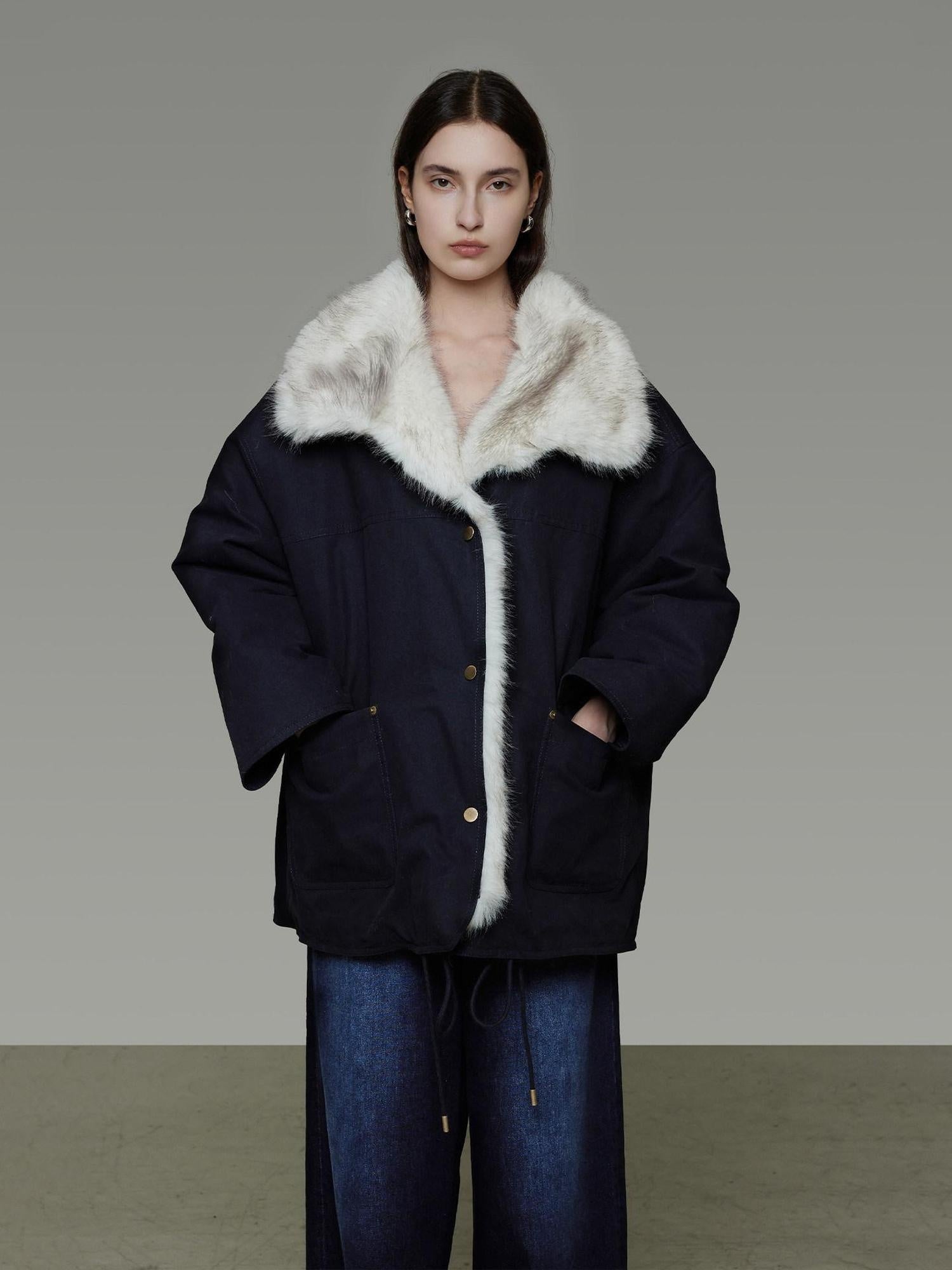 unspoken Fur Lined Thick Minimal Commuter Loose 3D Tailored Cotton Navy Puffer Jackets