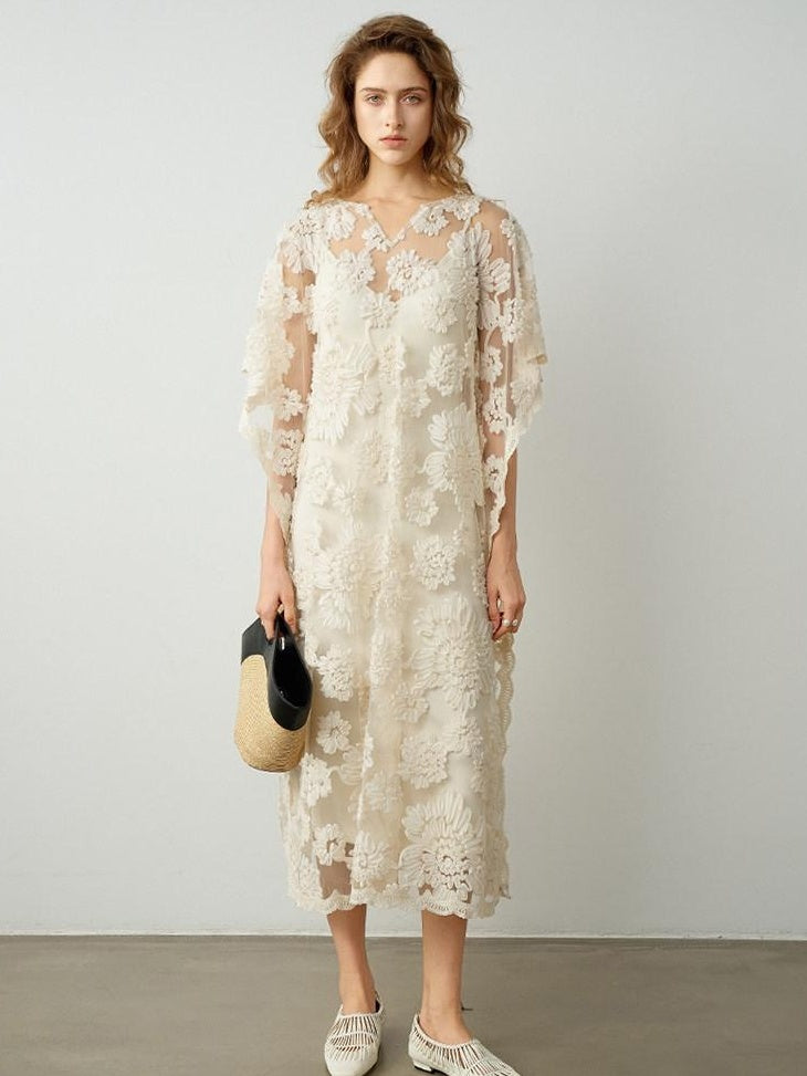 audreyyang Comfortable Polyester Insta Loose Fit V-neck Short Sleeve A Line Maxi Dresses