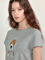 fano Soft Cotton Korean Slim Round Neck Animal Print Women Short Sleeve T-Shirts