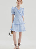 fano High Waist Tie A Line Cotton V-neck Puff Sleeves Casual Work Women Midi Dresses