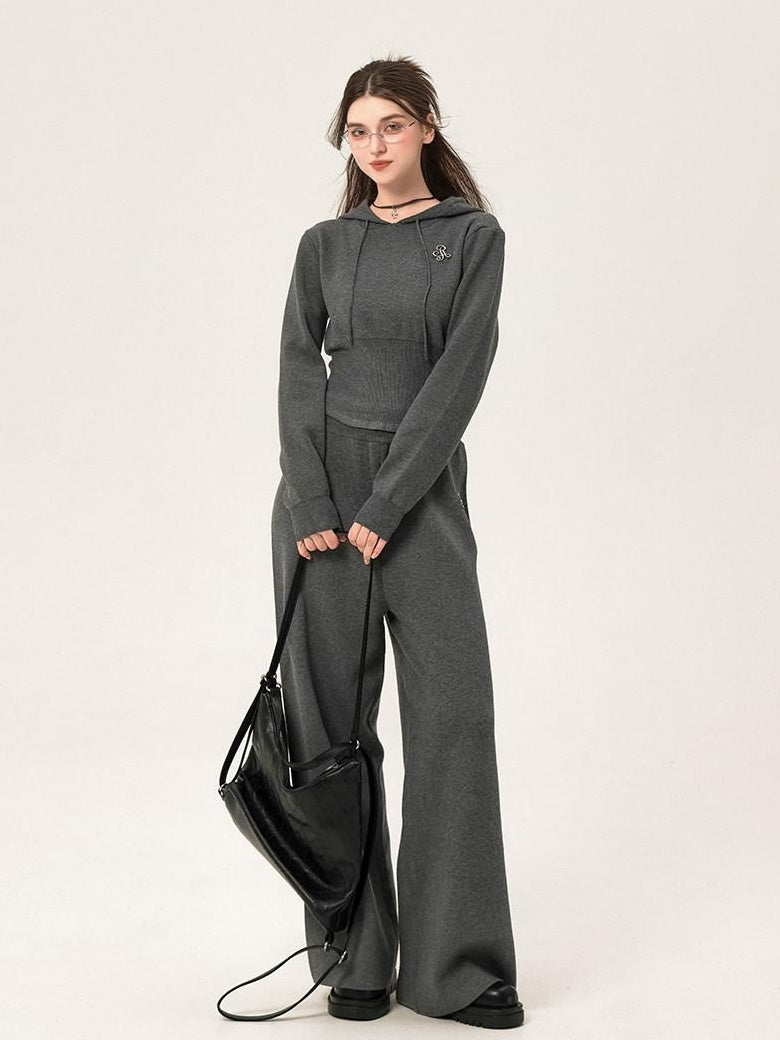 ikyou Ribbed Grey Cropped Hood Pullover Commuter Polyester Women Top & Pants Sets