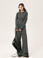 ikyou Ribbed Grey Cropped Hood Pullover Commuter Polyester Women Top & Pants Sets