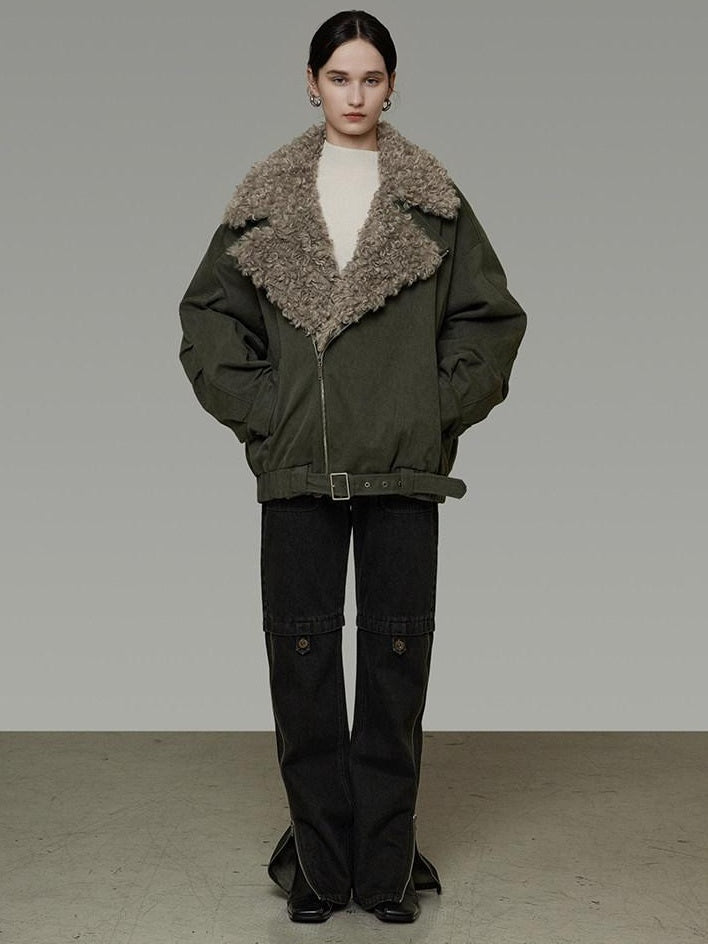 unspoken Thick Cotton Loose Fit Patchwork Commuter Zipper Dark Green Puffer Jackets