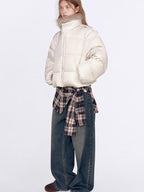 fano 90 Percent White Duck Down Warm Short Stand Collar Plaid Women Down Jackets