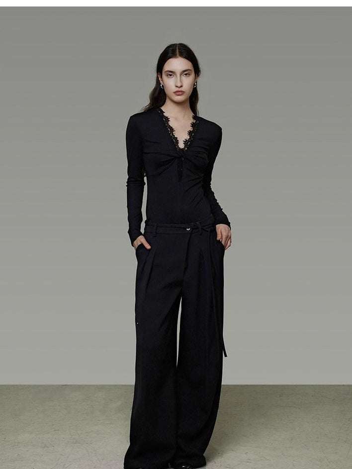 unspoken Breathable Lyocell Lace Slim Fit V-neck Long Sleeve Women Black Blouses