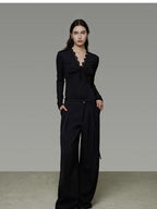 unspoken Breathable Lyocell Lace Slim Fit V-neck Long Sleeve Women Black Blouses