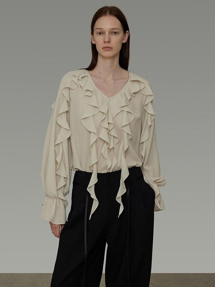 unspoken Breathable Soft Minimalist Commuter Loose Bell Sleeve V-neck Office Blouses