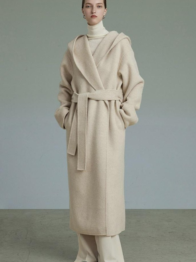 unspoken Warm Wool Alpaca Blend Hooded Straight Long Minimal Commuter Oatmeal Wool Coats