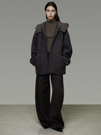 unspoken Premium Lambswool Hooded Relaxed Fit Minimal Commuter Zipper Gray Wool Coats