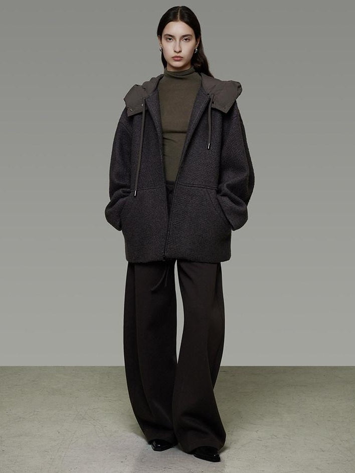 unspoken Premium Lambswool Hooded Relaxed Fit Minimal Commuter Zipper Gray Wool Coats