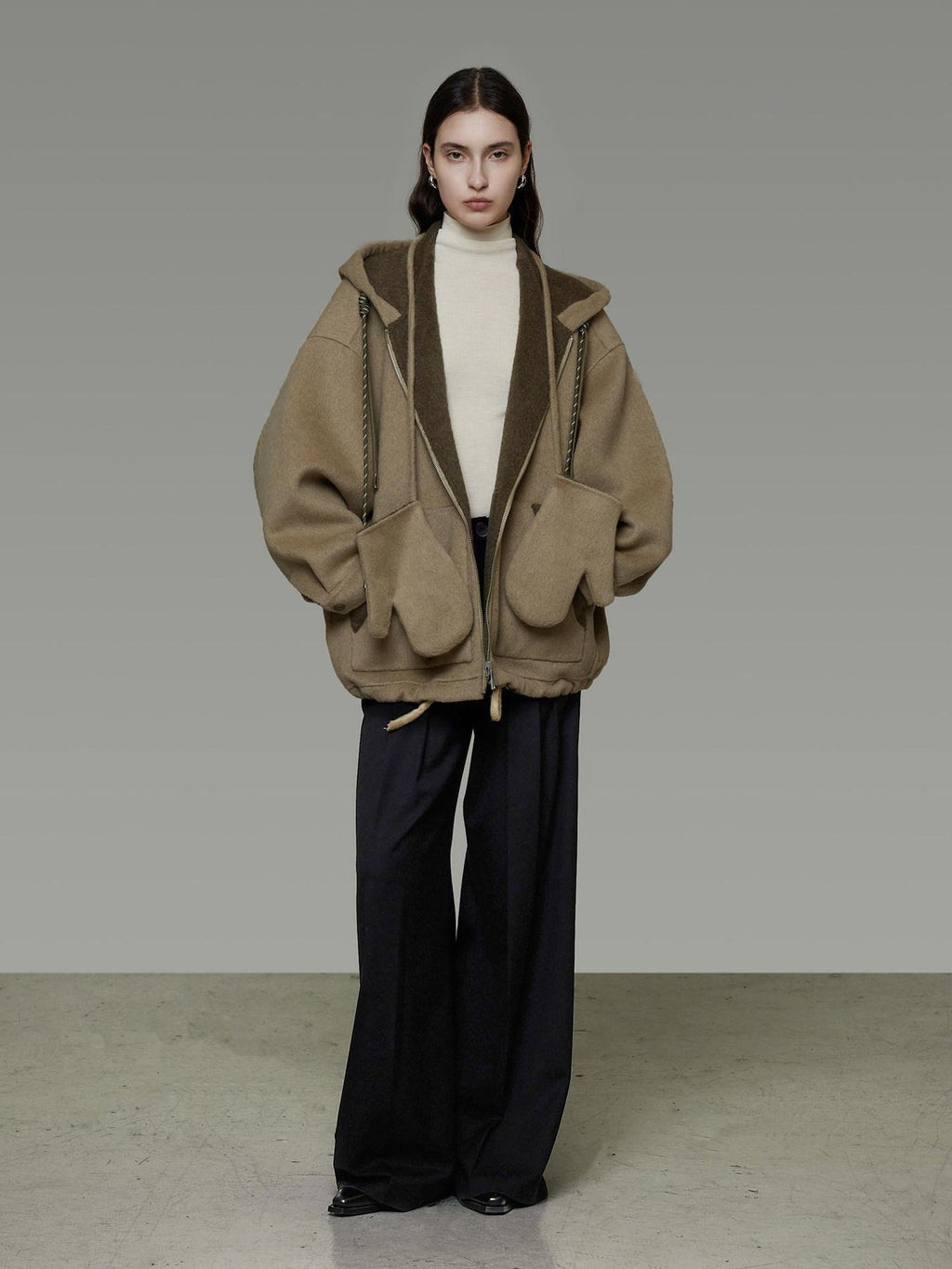 unspoken Premium Sheepswool Minimal Commuter Loose Fit Hooded Zip For Women Wool Coats